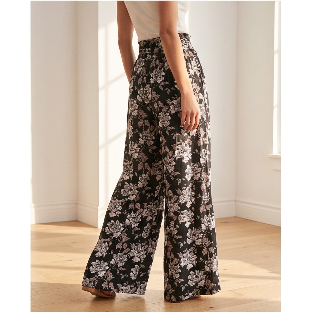 Oahu Hawaii XL Floral Wide Leg Smocked Waist Linen Blend Pants Black Pink‎ NEW